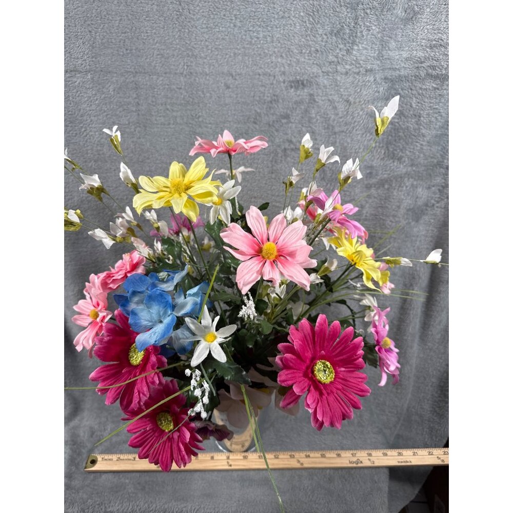 Artificial Floral Arrangement With Pink Yellow Blue & White Flowers In Metal Vas - Picture 5 of 5